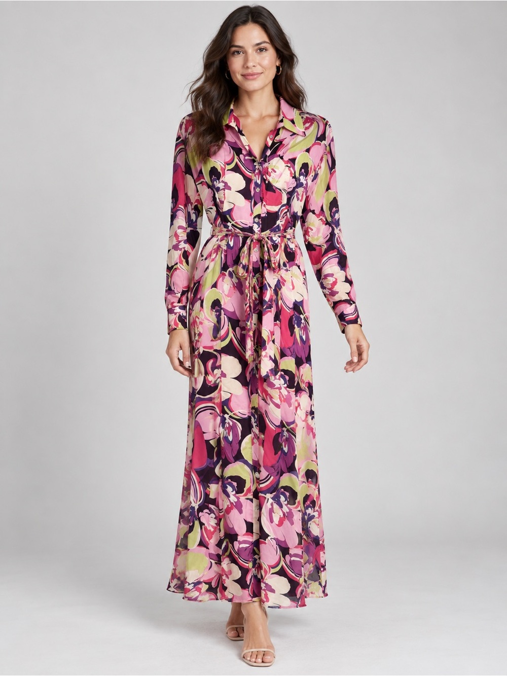 Pink Purple Floral Long Sleeve Maxi Dress